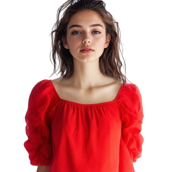 ZARA WOMAN Fire Engine Red Layered Puffy Sleeves Off Shoulder Top SZ Small - Picture 1 of 12